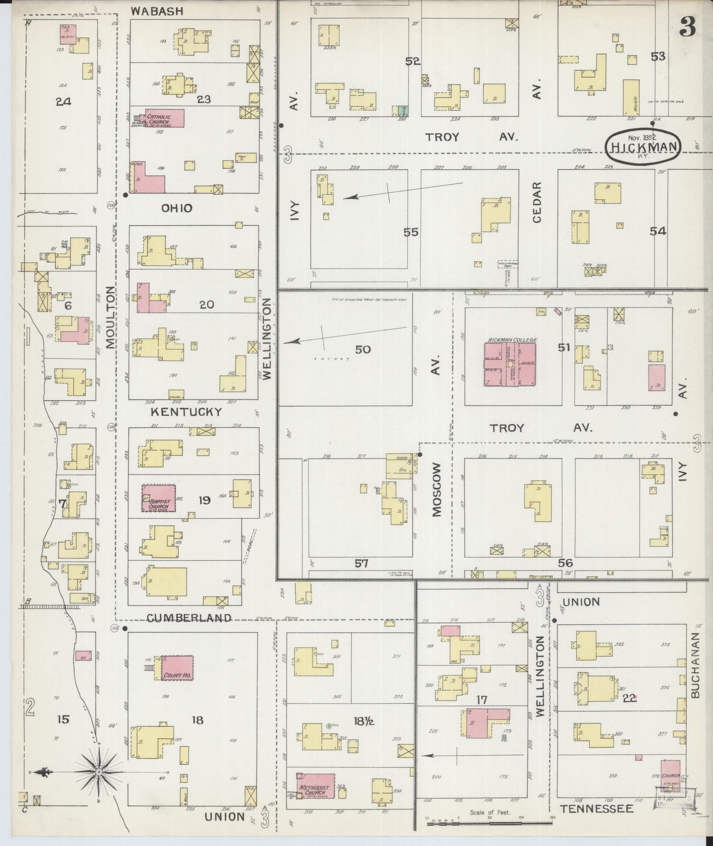 Sanborn Fire Insurance Map from Hickman, Fulton County, Kentucky (1892), Sheet #0003 - Complete Map Set gallery image, historic Sanborn map, vintage wall art, Kentucky Kentucky