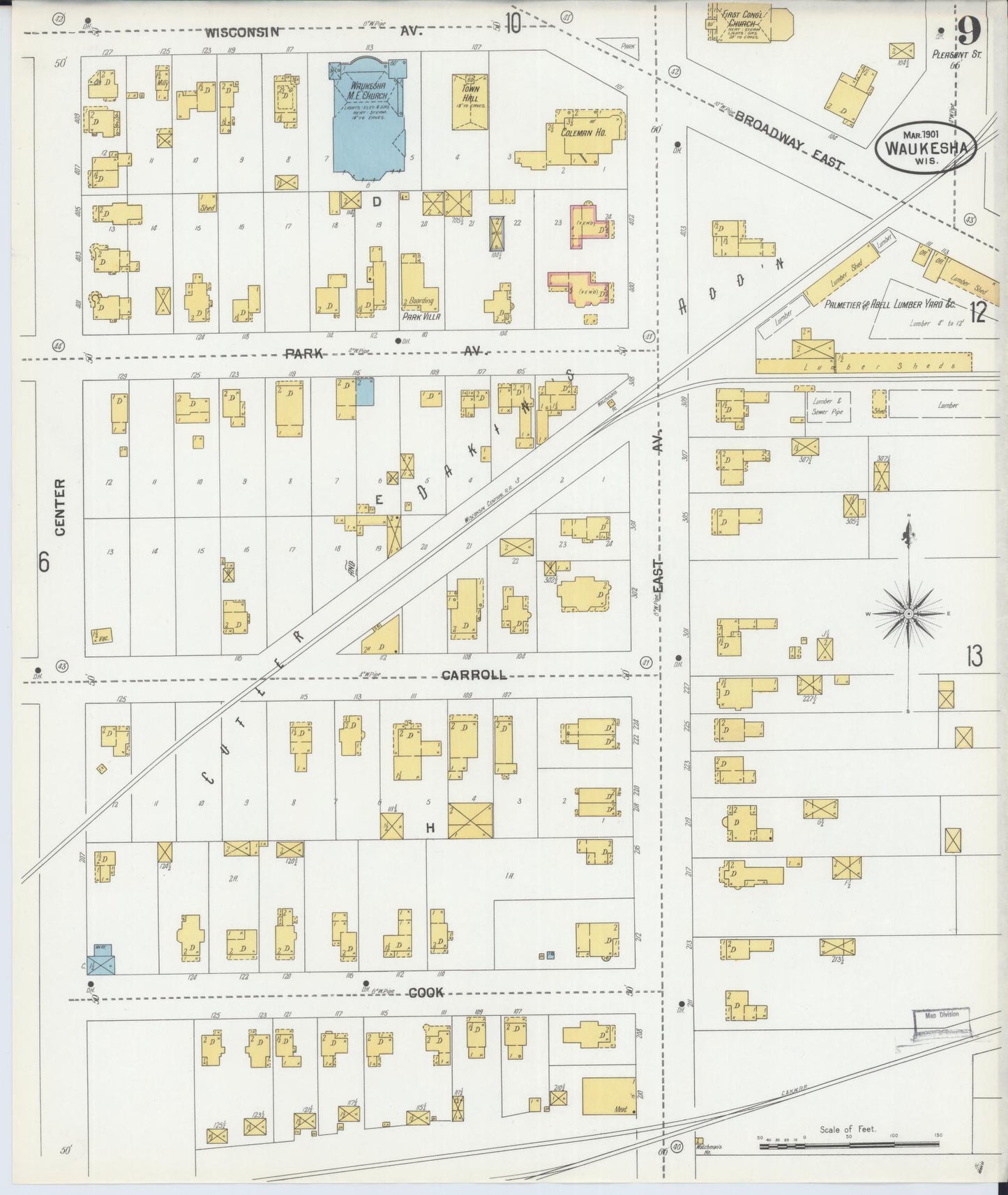 Sanborn Fire Insurance Map from Waukesha, Waukesha County, Wisconsin (1901), Sheet #0009 - Historic Sanborn Fire Insurance Map Print, vintage old map wall art, antique decor, genealogy gift, Wisconsin Wisconsin map