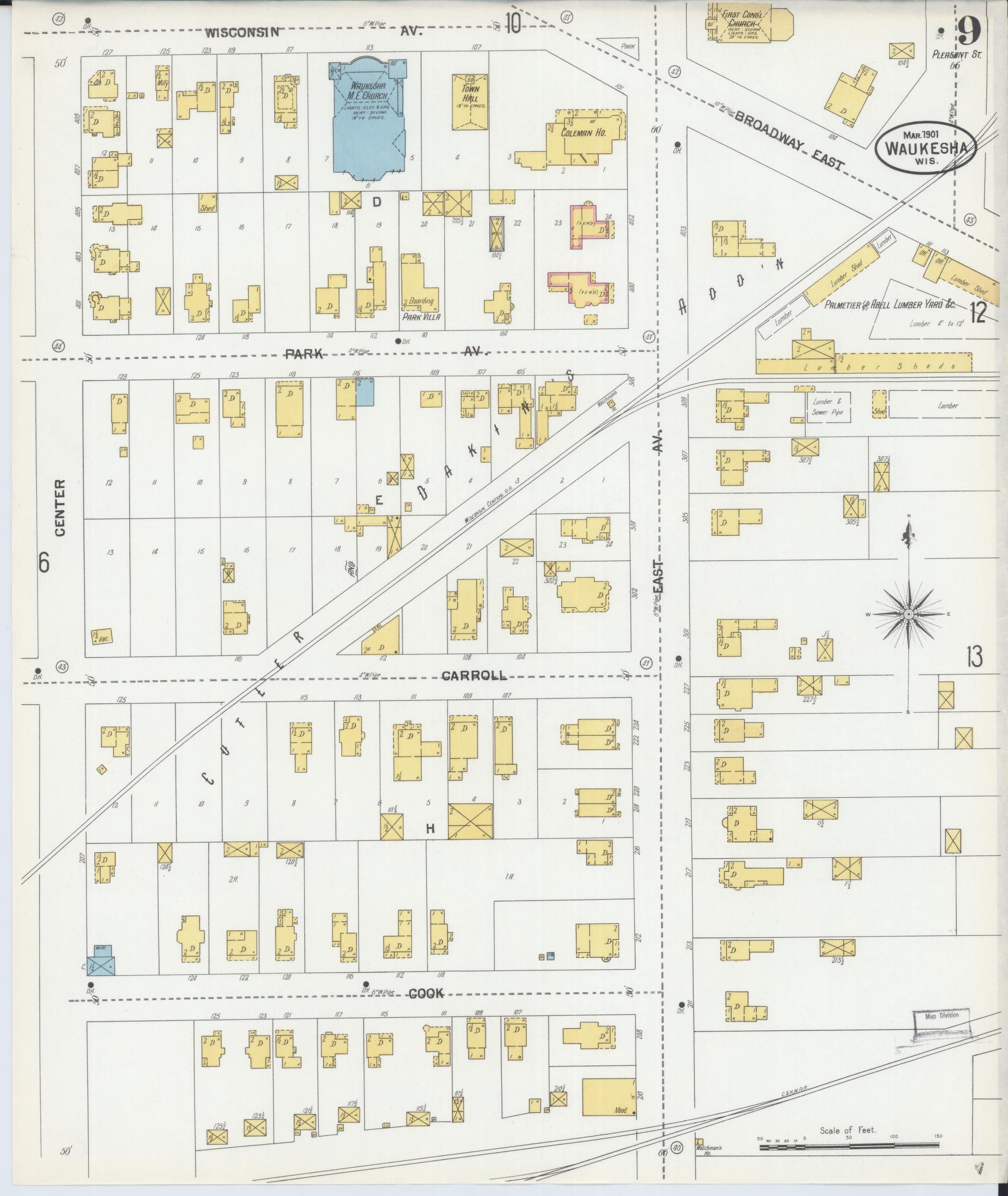 Sanborn Fire Insurance Map from Waukesha, Waukesha County, Wisconsin (1901), Sheet #0009 - Historic Sanborn Fire Insurance Map Print, vintage old map wall art, antique decor, genealogy gift, Wisconsin Wisconsin map