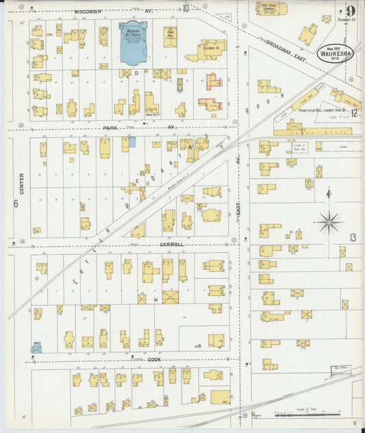Sanborn Fire Insurance Map from Waukesha, Waukesha County, Wisconsin (1901), Sheet #0009 - Historic Sanborn Fire Insurance Map Print, vintage old map wall art, antique decor, genealogy gift, Wisconsin Wisconsin map