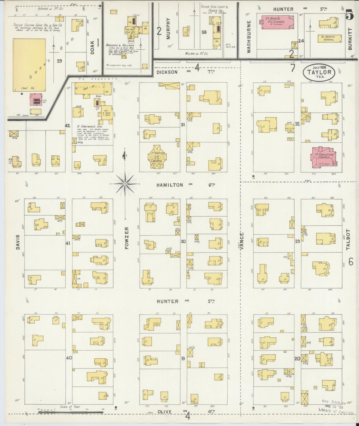 Sanborn Fire Insurance Map from Taylor, Williamson County, Texas (1898), Sheet #0005 - Historic Sanborn Fire Insurance Map Print, vintage old map wall art, antique decor, genealogy gift, Texas Texas map