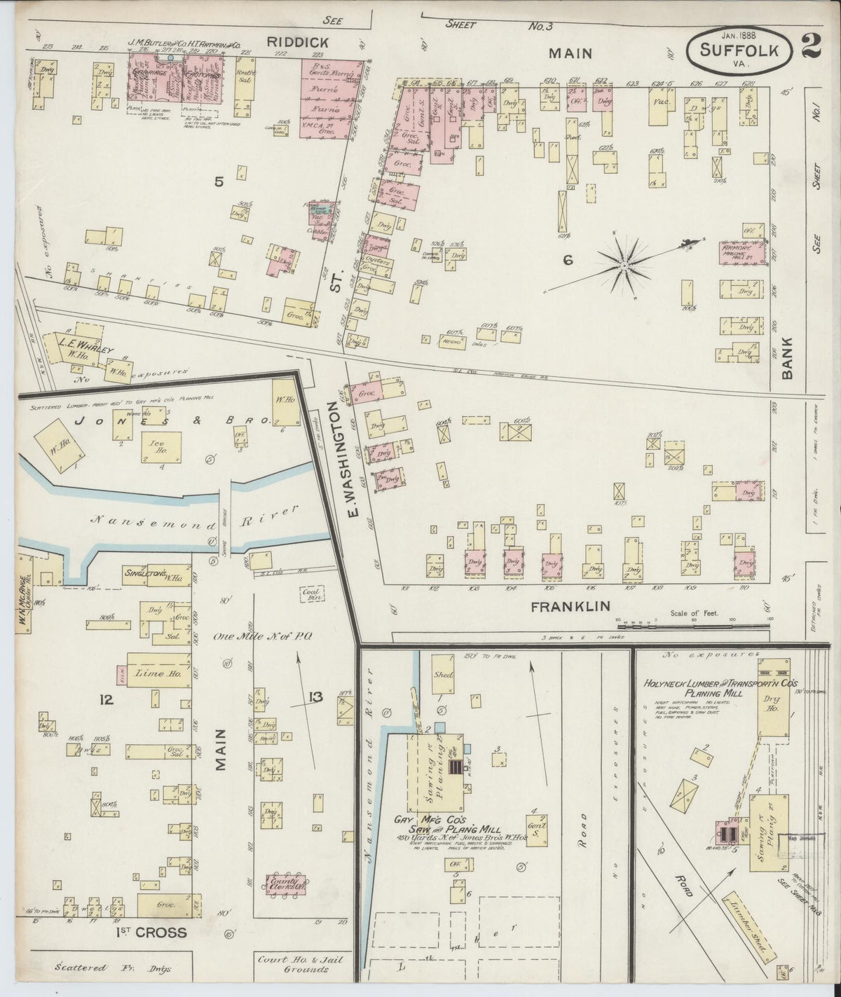 Sanborn Fire Insurance Map from Suffolk, Independent Cities, Virginia (1888), Sheet #0002 - Historic Sanborn Fire Insurance Map Print, vintage old map wall art, antique decor, genealogy gift, Virginia Virginia map
