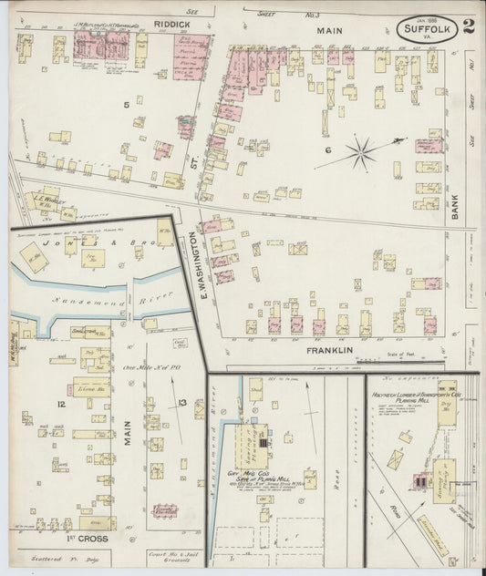 Sanborn Fire Insurance Map from Suffolk, Independent Cities, Virginia (1888), Sheet #0002 - Historic Sanborn Fire Insurance Map Print, vintage old map wall art, antique decor, genealogy gift, Virginia Virginia map
