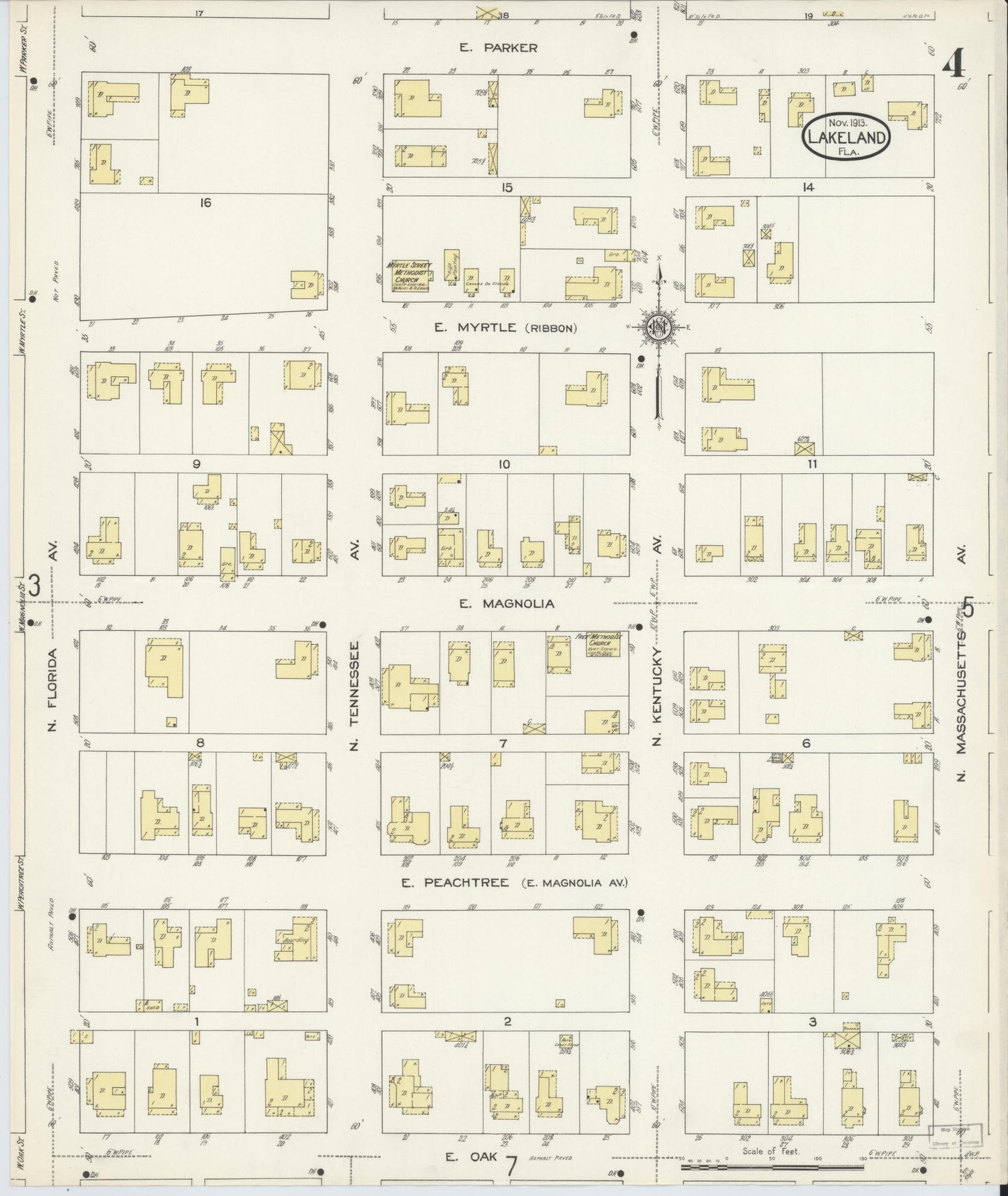 Sanborn Fire Insurance Map from Lakeland, Polk County, Florida (1913), Sheet #0004 - Complete Map Set gallery image, historic Sanborn map, vintage wall art, Florida Florida