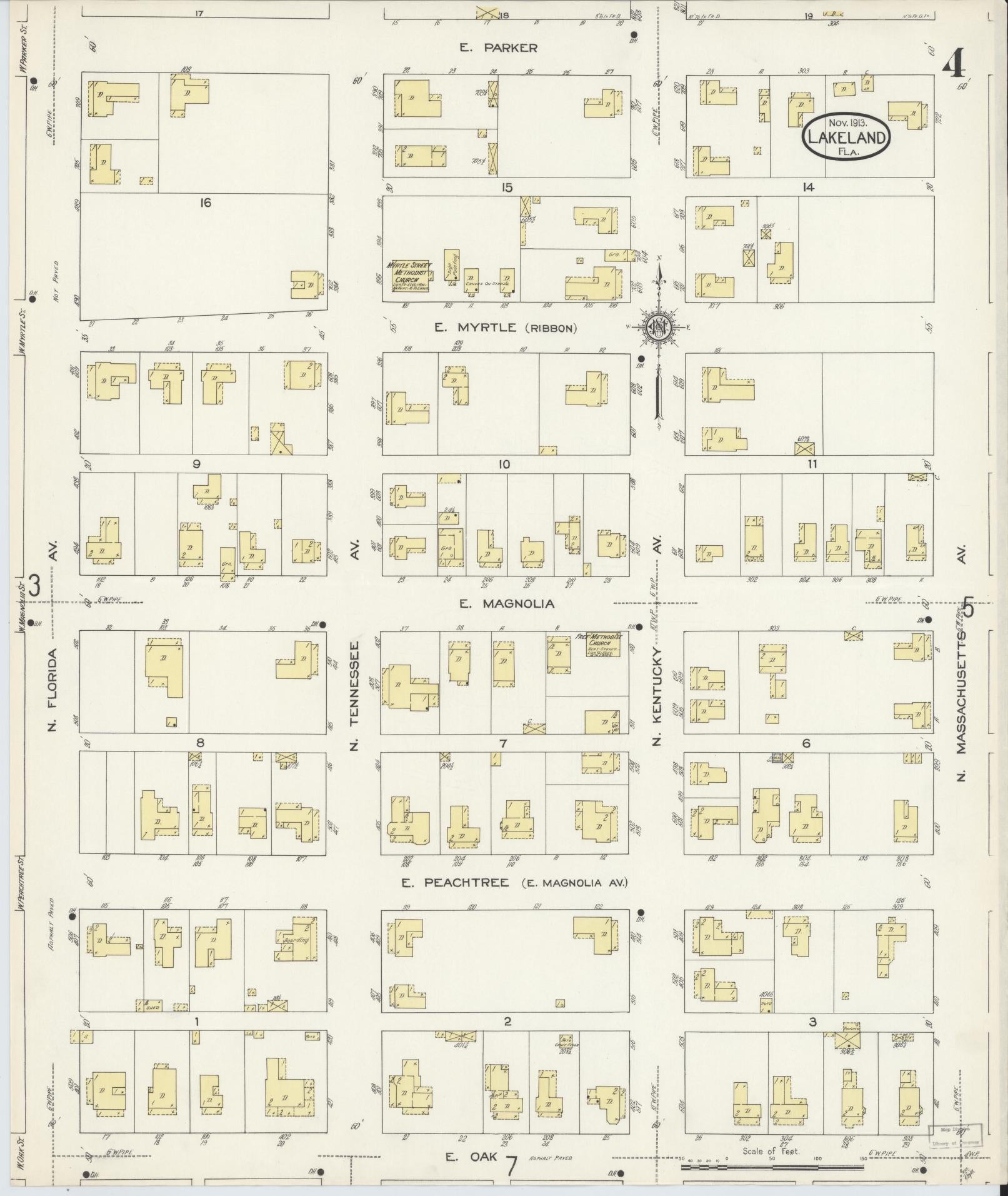 Sanborn Fire Insurance Map from Lakeland, Polk County, Florida (1913), Sheet #0004 - Complete Map Set gallery image, historic Sanborn map, vintage wall art, Florida Florida
