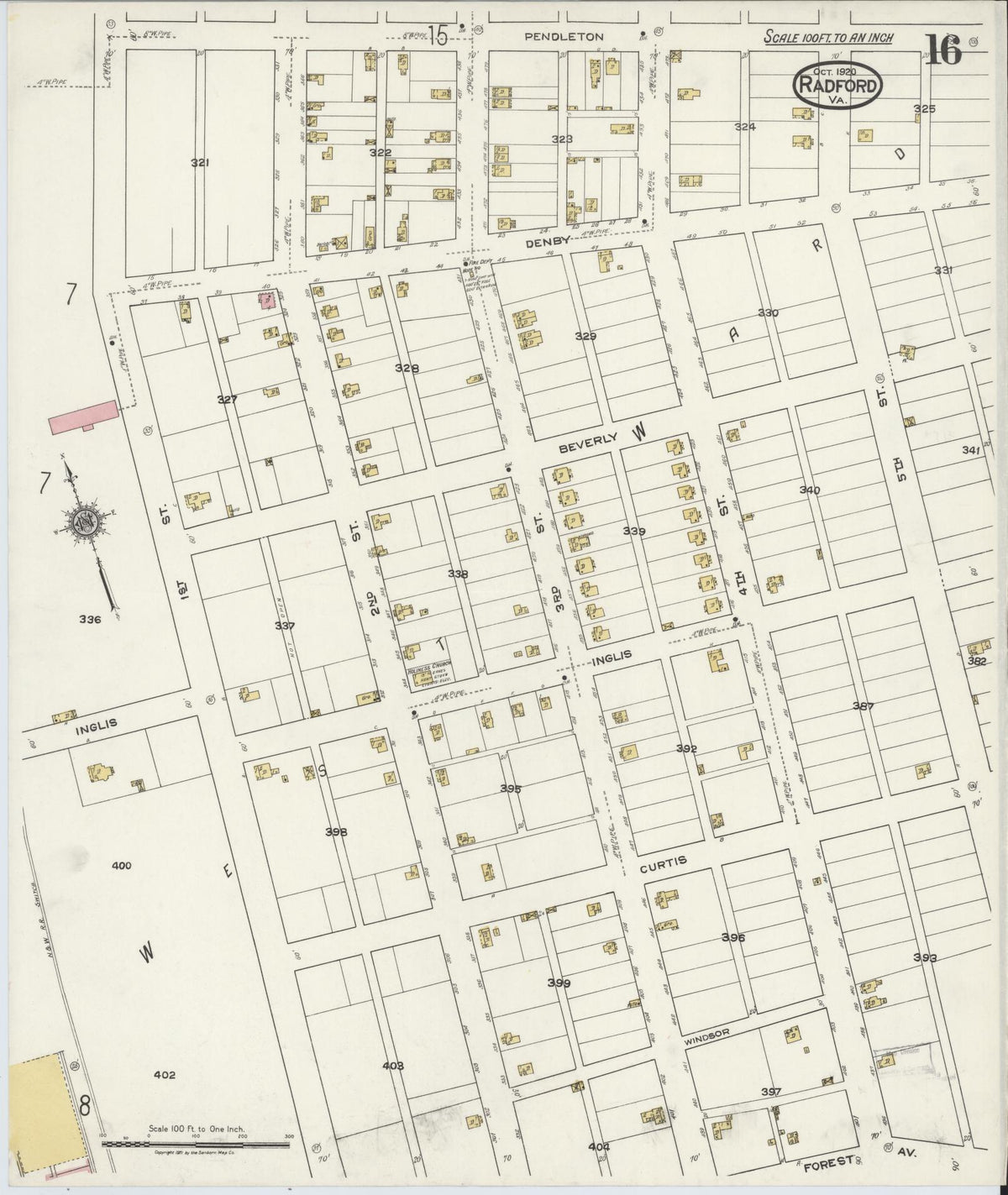 Sanborn Fire Insurance Map from Radford, Independent Cities, Virginia (1920), Sheet #0016 - Historic Sanborn Fire Insurance Map Print, vintage old map wall art, antique decor, genealogy gift, Virginia Virginia map