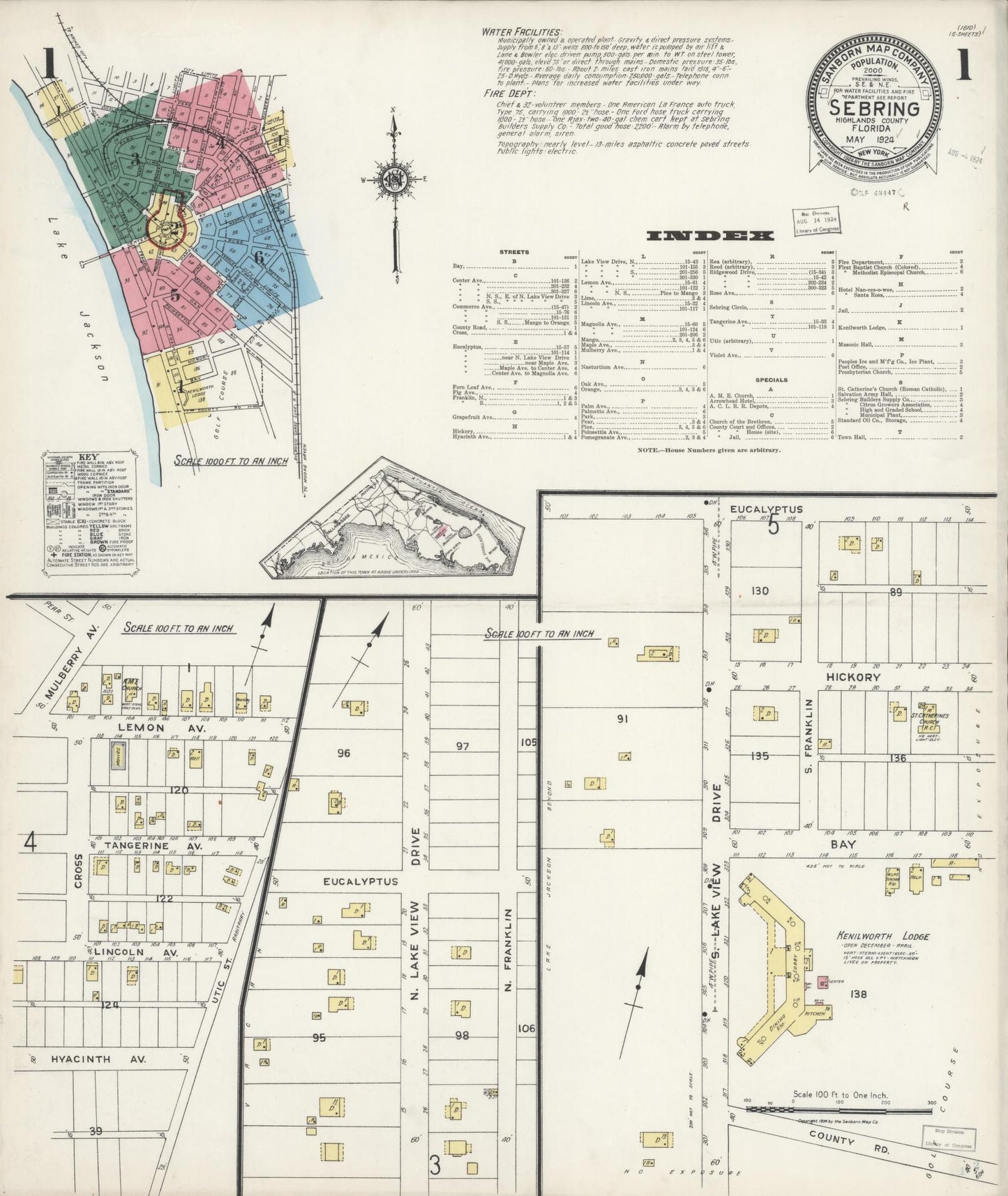 Sanborn Fire Insurance Map from Sebring, Highlands County, Florida (1924), Sheet #0001 - Complete Map Set gallery image, historic Sanborn map, vintage wall art, Florida Florida