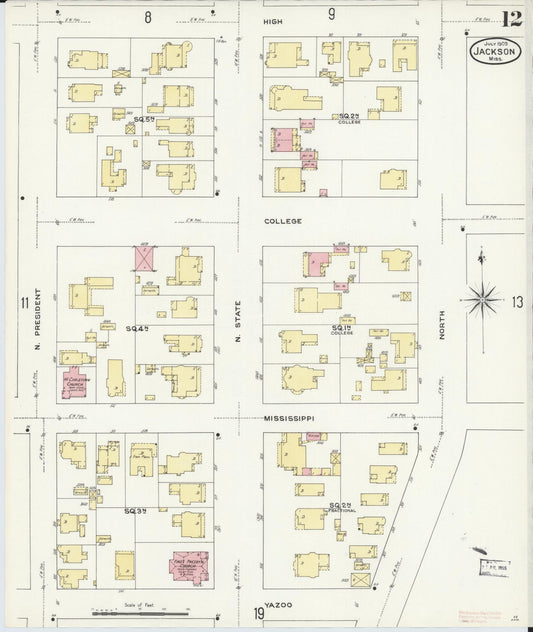 Sanborn Fire Insurance Map from Jackson, Hinds County, Mississippi (1909), Sheet #0012 - Historic Sanborn Fire Insurance Map Print, vintage old map wall art, antique decor, genealogy gift, Mississippi Mississippi map