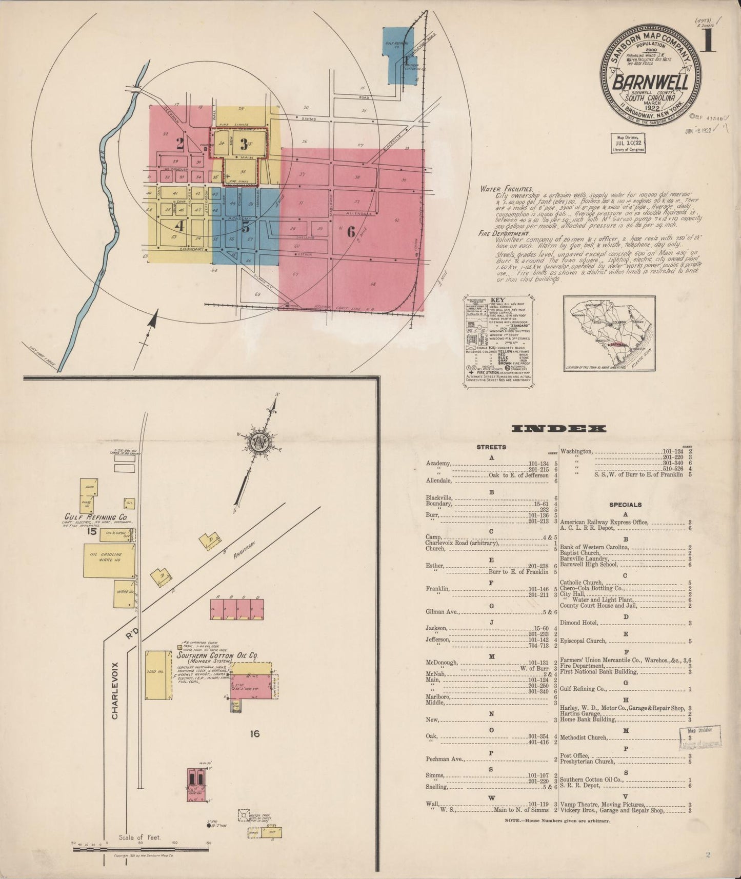 Sanborn Fire Insurance Map from Barnwell, Barnwell County, South Carolina (1922), Sheet #0001 - Complete Map Set gallery image, historic Sanborn map, vintage wall art, South Carolina South Carolina