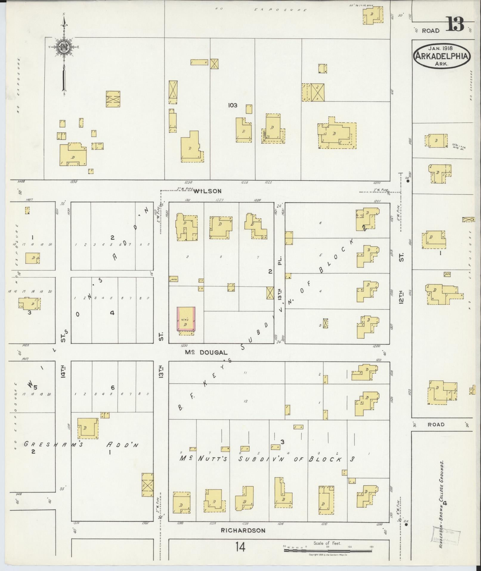 Sanborn Fire Insurance Map from Arkadelphia, Clark County, Arkansas (1918), Sheet #0013 - Complete Map Set gallery image, historic Sanborn map, vintage wall art, Arkansas Arkansas