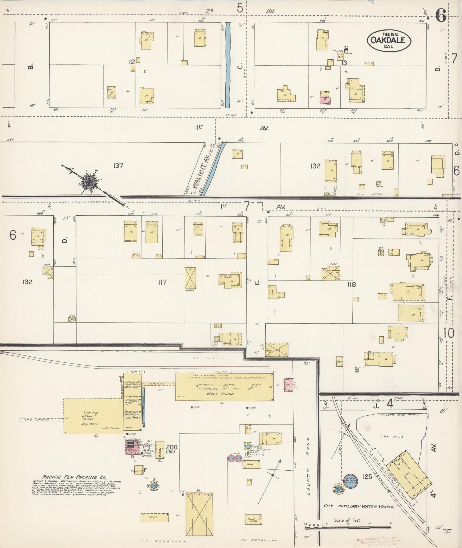 Sanborn Fire Insurance Map from Oakdale, Stanislaus County, California (1912), Sheet #0006 - Historic Sanborn Fire Insurance Map Print, vintage old map wall art, antique decor, genealogy gift, California California map