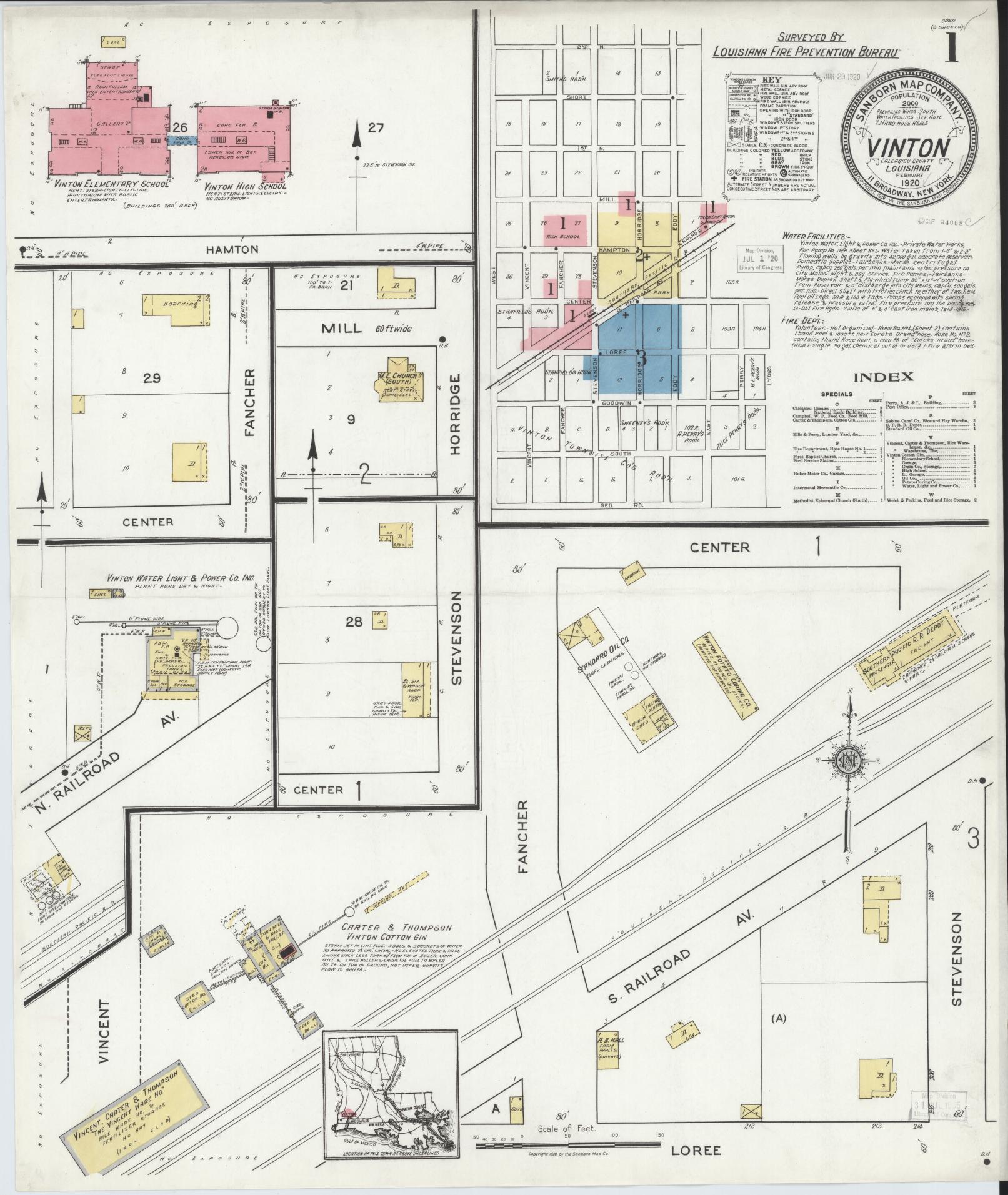 Sanborn Fire Insurance Map from Vinton, Calcasieu Parish, Louisiana. (1920) – Historic Sanborn Fire Insurance Map Print