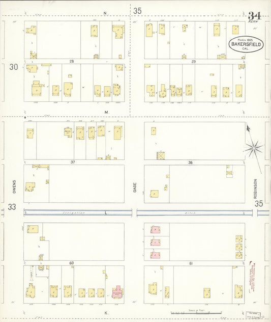 Sanborn Fire Insurance Map from Bakersfield, Kern County, California (1905), Sheet #0034 - Historic Sanborn Fire Insurance Map Print, vintage old map wall art, antique decor, genealogy gift, California California map