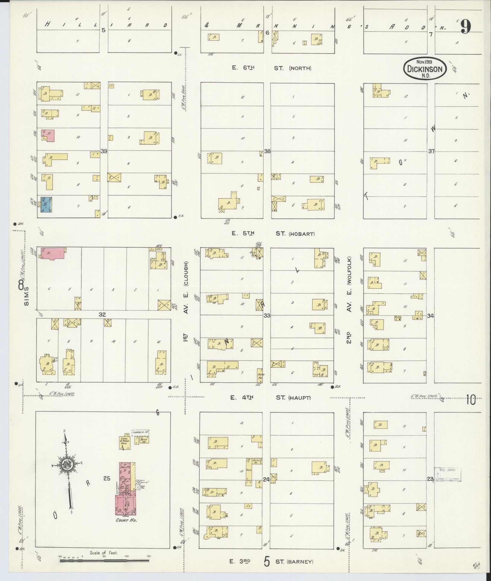 Sanborn Fire Insurance Map from Dickinson, Stark County, North Dakota (1913), Sheet #0009 - Historic Sanborn Fire Insurance Map Print, vintage old map wall art, antique decor, genealogy gift, North Dakota North Dakota map