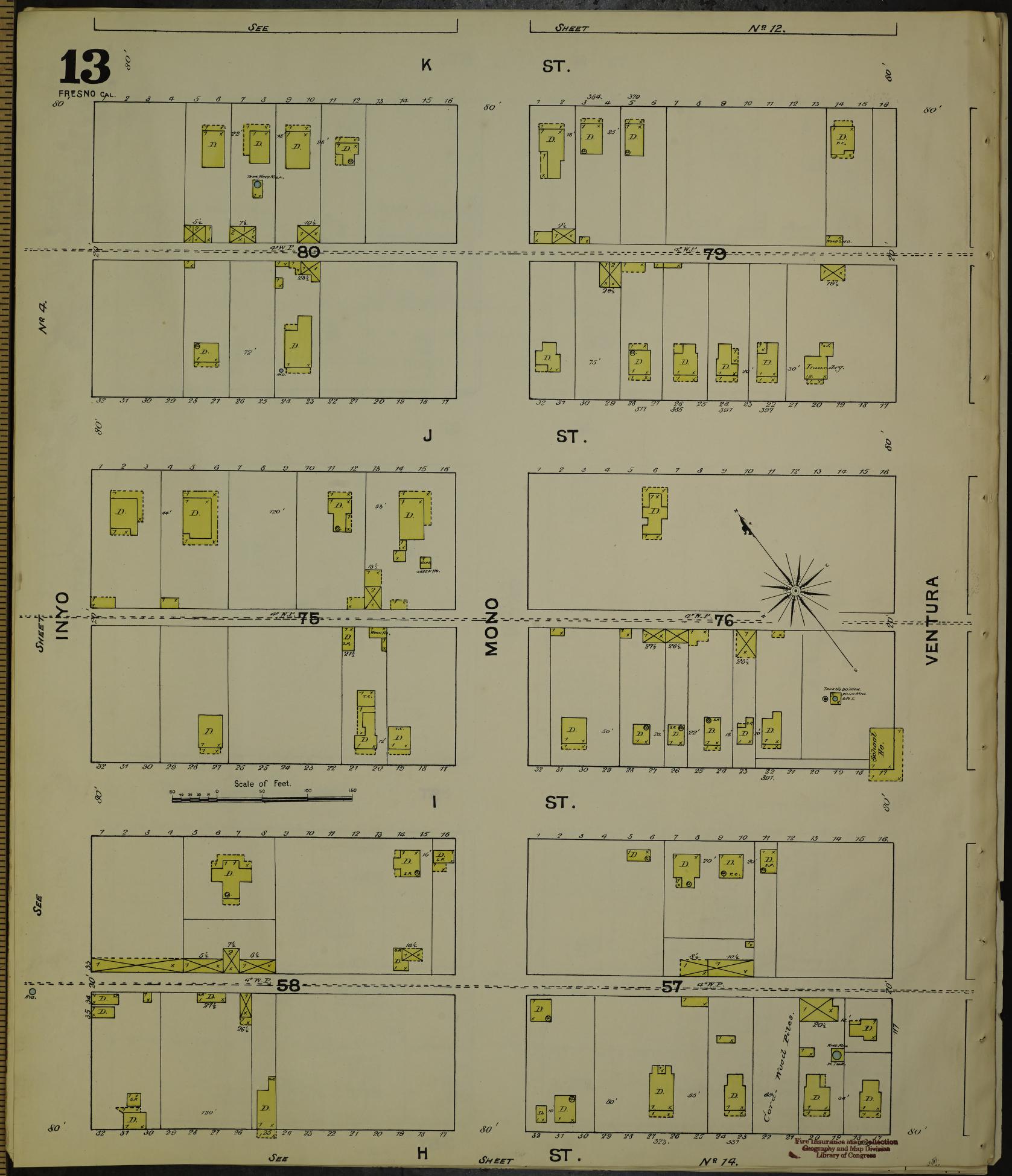 Sanborn Fire Insurance Map from Fresno, Fresno County, California (1888), Sheet #0013 - Historic Sanborn Fire Insurance Map Print, vintage old map wall art, antique decor, genealogy gift, California California map