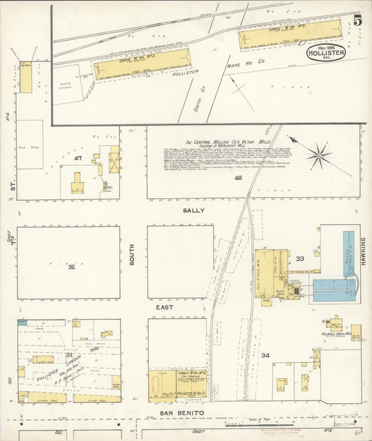 Sanborn Fire Insurance Map from Hollister, San Benito County, California (1892), Sheet #0005 - Historic Sanborn Fire Insurance Map Print, vintage old map wall art, antique decor, genealogy gift, California California map
