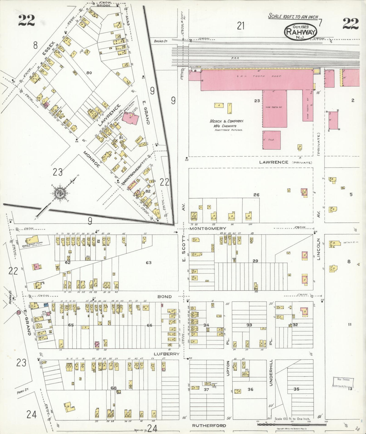 Sanborn Fire Insurance Map from Rahway, Union County, New Jersey (1923), Sheet #0022 - Historic Sanborn Fire Insurance Map Print, vintage old map wall art, antique decor, genealogy gift, New Jersey New Jersey map