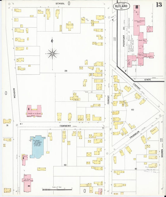 Sanborn Fire Insurance Map from Rutland, Rutland County, Vermont (1900), Sheet #0013 - Historic Sanborn Fire Insurance Map Print, vintage old map wall art, antique decor, genealogy gift, Vermont Vermont map