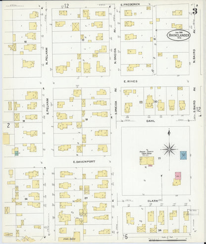Sanborn Fire Insurance Map from Rhinelander, Oneida County, Wisconsin (1908), Sheet #0003 - Historic Sanborn Fire Insurance Map Print, vintage old map wall art, antique decor, genealogy gift, Wisconsin Wisconsin map