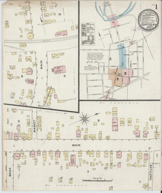 Sanborn Fire Insurance Map from Suffolk, Independent Cities, Virginia (1888), Sheet #0001 - Complete Map Set gallery image, historic Sanborn map, vintage wall art, Virginia Virginia