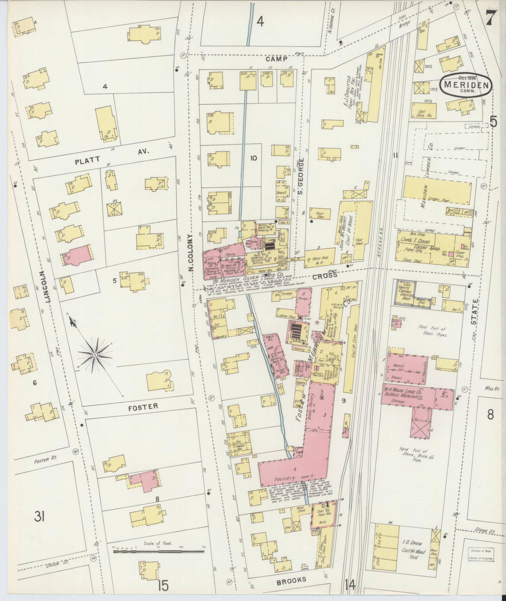 Sanborn Fire Insurance Map from Meriden, New Haven County, Connecticut (1896), Sheet #0007 - Historic Sanborn Fire Insurance Map Print, vintage old map wall art, antique decor, genealogy gift, Connecticut Connecticut map