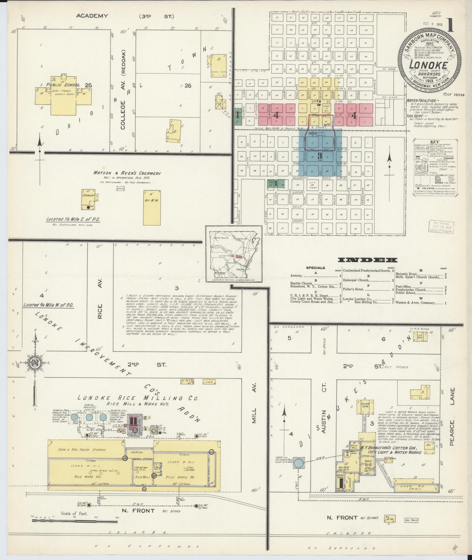 Sanborn Fire Insurance Map from Lonoke, Lonoke County, Arkansas (1913), Sheet #0001 - Complete Map Set gallery image, historic Sanborn map, vintage wall art, Arkansas Arkansas