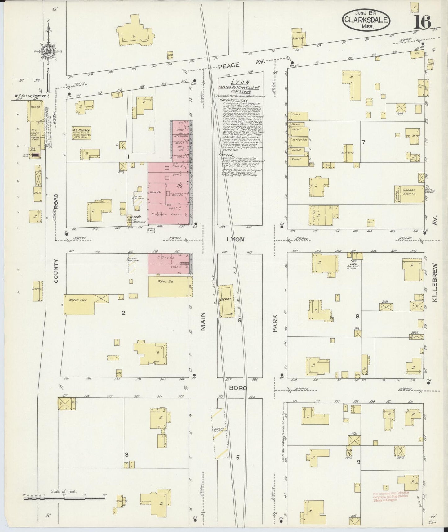 Sanborn Fire Insurance Map from Clarksdale, Coahoma County, Mississippi (1914), Sheet #0016 - Historic Sanborn Fire Insurance Map Print, vintage old map wall art, antique decor, genealogy gift, Mississippi Mississippi map