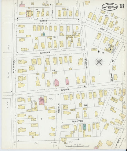 Sanborn Fire Insurance Map from Gloversville, Fulton County, New York (1892), Sheet #0013 - Historic Sanborn Fire Insurance Map Print, vintage old map wall art, antique decor, genealogy gift, New York New York map