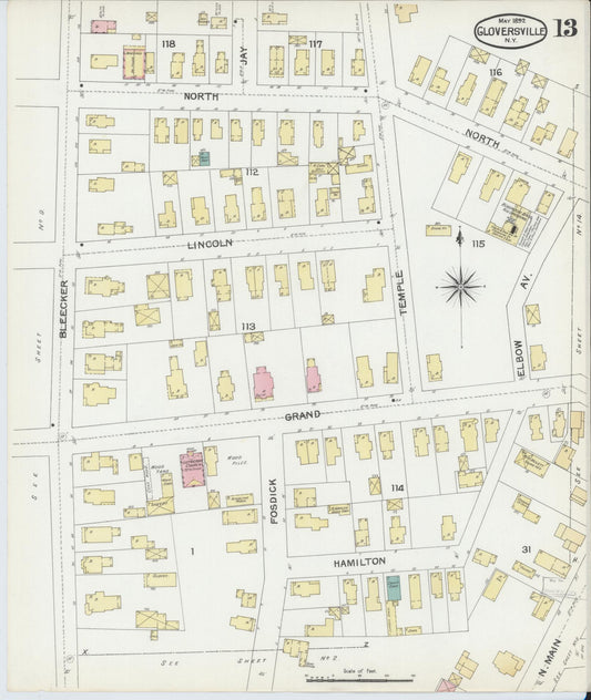 Sanborn Fire Insurance Map from Gloversville, Fulton County, New York (1892), Sheet #0013 - Historic Sanborn Fire Insurance Map Print, vintage old map wall art, antique decor, genealogy gift, New York New York map