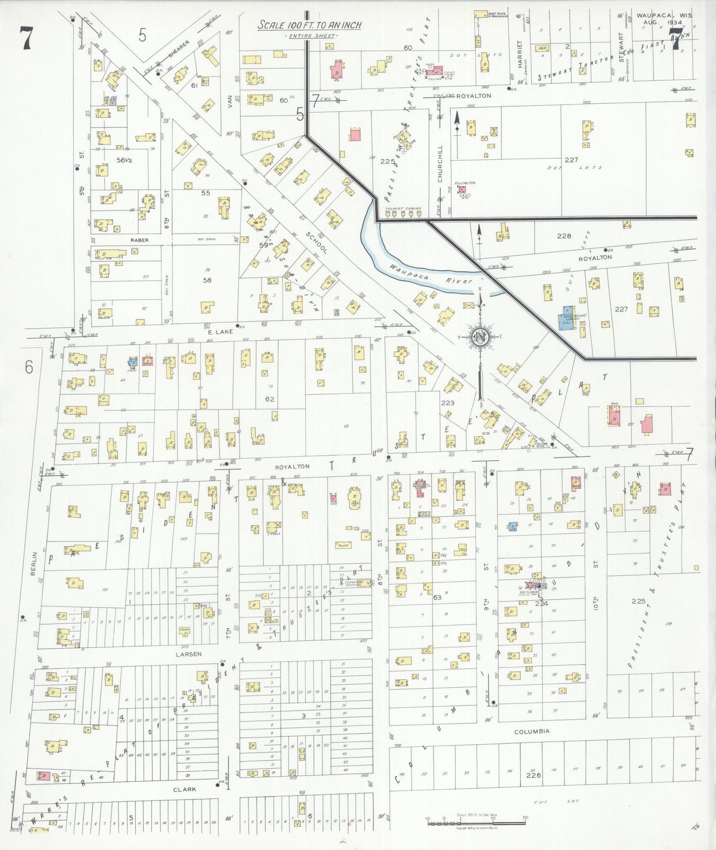 Sanborn Fire Insurance Map from Waupaca, Waupaca County, Wisconsin (1934), Sheet #0007 - Historic Sanborn Fire Insurance Map Print, vintage old map wall art, antique decor, genealogy gift, Wisconsin Wisconsin map