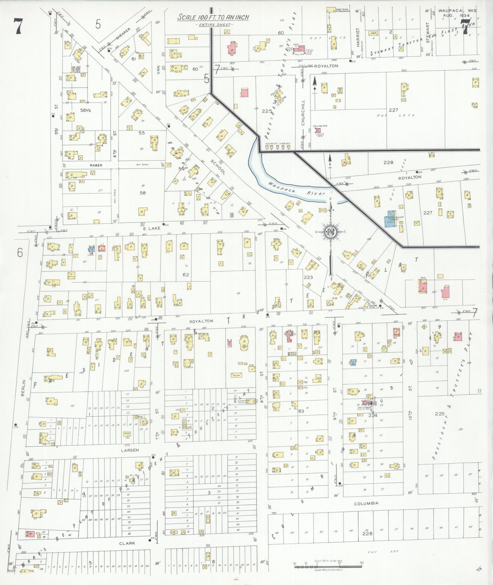 Sanborn Fire Insurance Map from Waupaca, Waupaca County, Wisconsin (1934), Sheet #0007 - Historic Sanborn Fire Insurance Map Print, vintage old map wall art, antique decor, genealogy gift, Wisconsin Wisconsin map