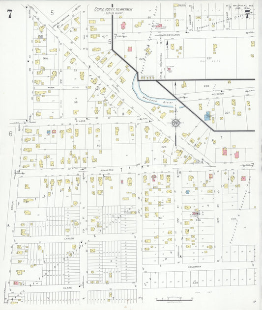 Sanborn Fire Insurance Map from Waupaca, Waupaca County, Wisconsin (1934), Sheet #0007 - Historic Sanborn Fire Insurance Map Print, vintage old map wall art, antique decor, genealogy gift, Wisconsin Wisconsin map