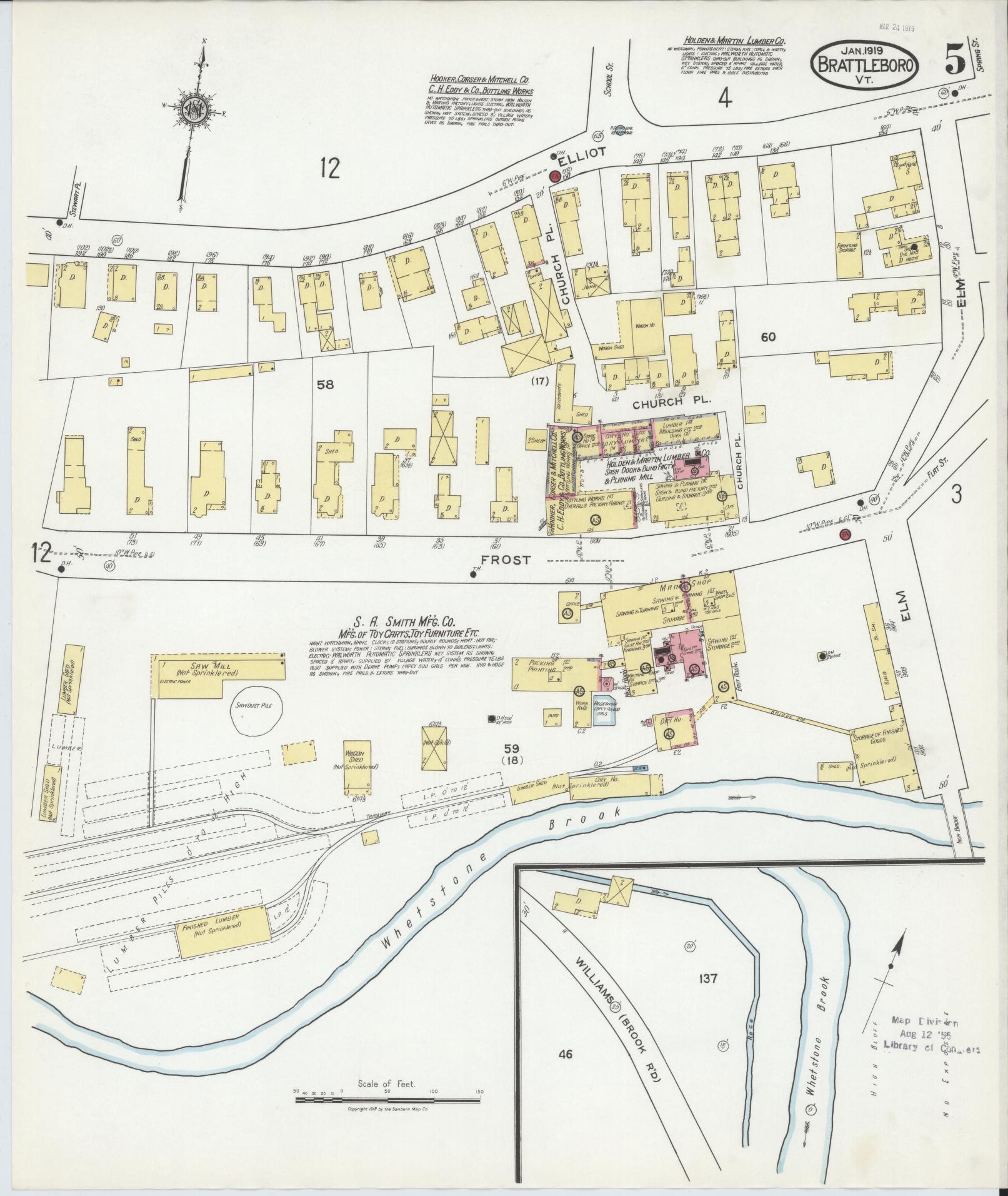 Sanborn Fire Insurance Map from Brattleboro, Windham County, Vermont (1919), Sheet #0005 - Historic Sanborn Fire Insurance Map Print, vintage old map wall art, antique decor, genealogy gift, Vermont Vermont map