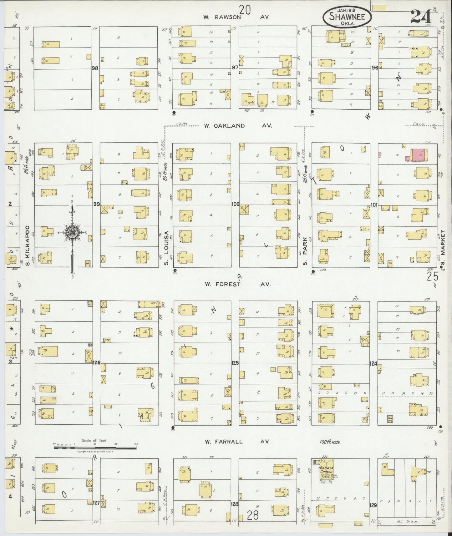 Sanborn Fire Insurance Map from Shawnee, Pottawatomie County, Oklahoma (1919), Sheet #0024 - Complete Map Set gallery image, historic Sanborn map, vintage wall art, Oklahoma Oklahoma