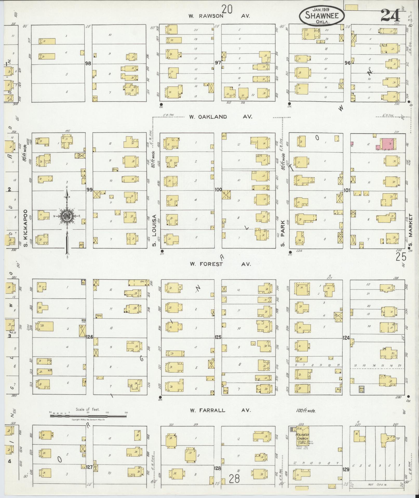 Sanborn Fire Insurance Map from Shawnee, Pottawatomie County, Oklahoma (1919), Sheet #0024 - Complete Map Set gallery image, historic Sanborn map, vintage wall art, Oklahoma Oklahoma