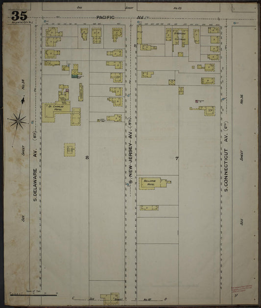 Sanborn Fire Insurance Map from Atlantic City, Atlantic County, New Jersey (1886), Sheet #0035 - Historic Sanborn Fire Insurance Map Print, vintage old map wall art, antique decor, genealogy gift, New Jersey New Jersey map
