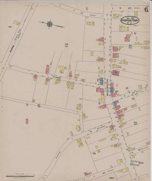 Sanborn Fire Insurance Map from Harpers Ferry, Jefferson County, West Virginia (1922), Sheet #0006 - Historic Sanborn Fire Insurance Map Print, vintage old map wall art, antique decor, genealogy gift, West Virginia West Virginia map