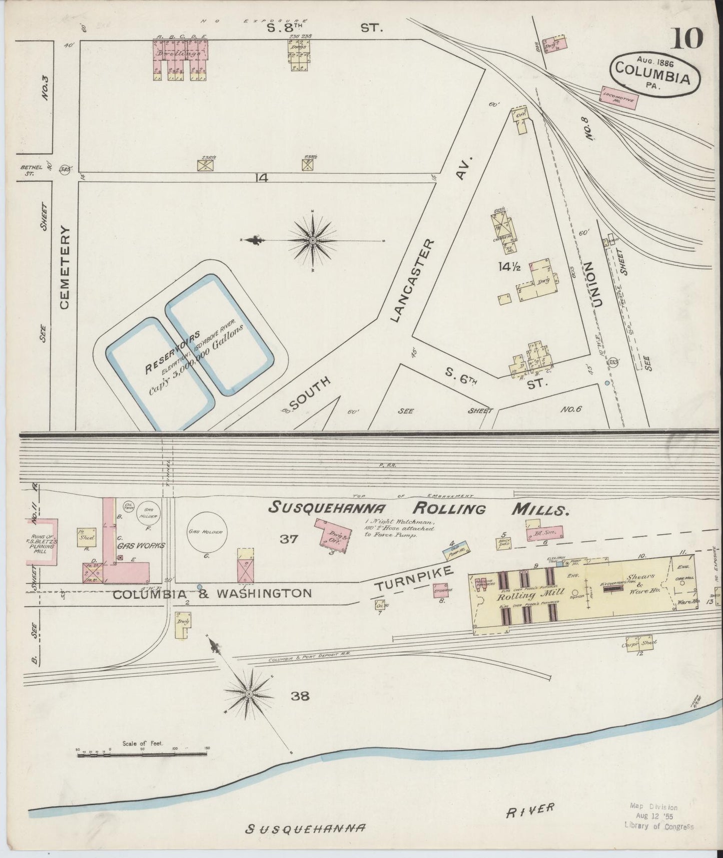 Sanborn Fire Insurance Map from Columbia, Lancaster County, Pennsylvania (1886), Sheet #0010 - Historic Sanborn Fire Insurance Map Print, vintage old map wall art, antique decor, genealogy gift, Pennsylvania Pennsylvania map
