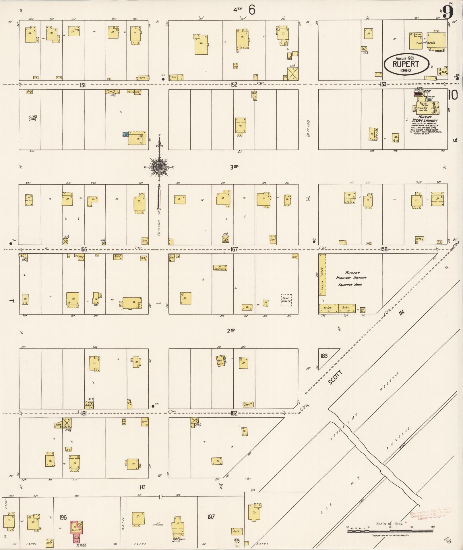 Sanborn Fire Insurance Map from Rupert, Minidoka County, Idaho (1921), Sheet #0009 - Historic Sanborn Fire Insurance Map Print, vintage old map wall art, antique decor, genealogy gift, Idaho Idaho map