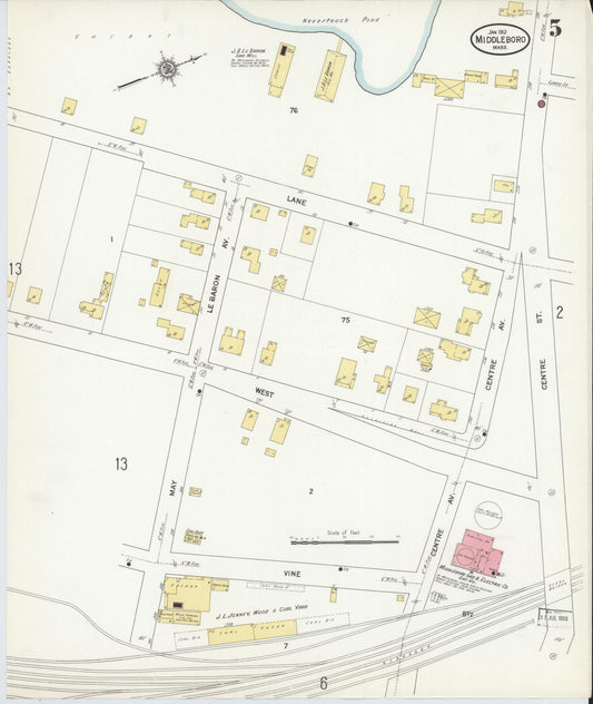 Sanborn Fire Insurance Map from Middleboro, Plymouth County, Massachusetts (1912), Sheet #0005 - Historic Sanborn Fire Insurance Map Print, vintage old map wall art, antique decor, genealogy gift, Massachusetts Massachusetts map