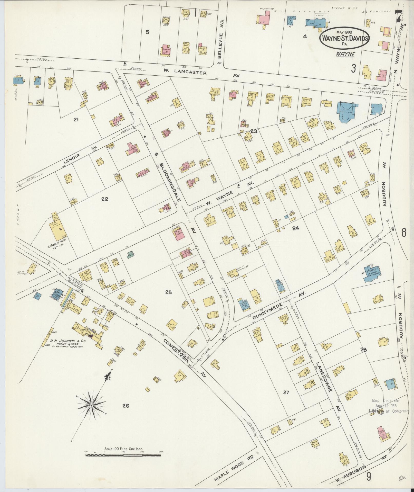 Sanborn Fire Insurance Map from Wayne, Delaware County, Pennsylvania (1909), Sheet #0007 - Historic Sanborn Fire Insurance Map Print, vintage old map wall art, antique decor, genealogy gift, Wayne Delaware map