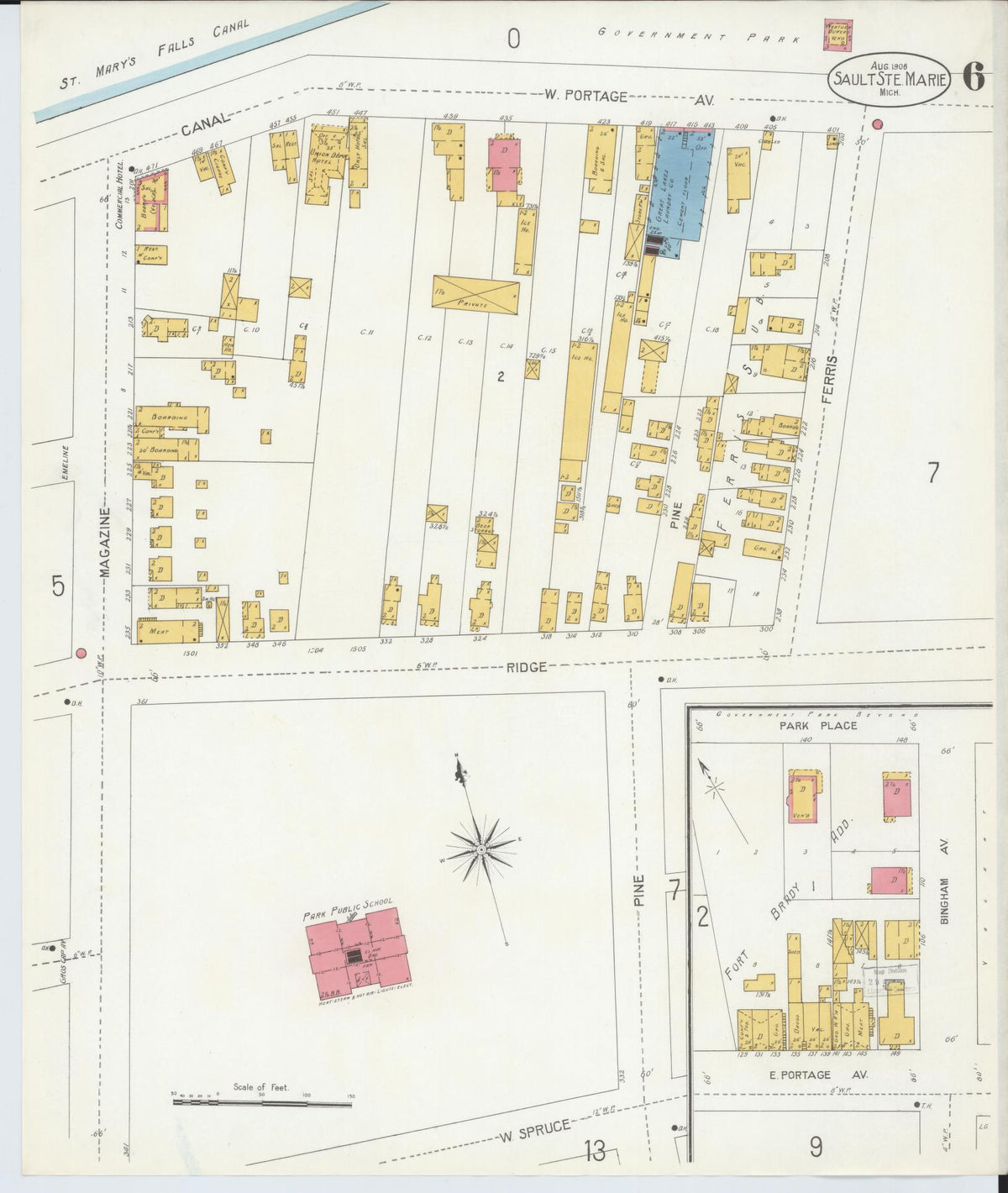 Sanborn Fire Insurance Map from Sault Sainte Marie, Chippewa County, Michigan (1906), Sheet #0006 - Historic Sanborn Fire Insurance Map Print, vintage old map wall art, antique decor, genealogy gift, Michigan Michigan map