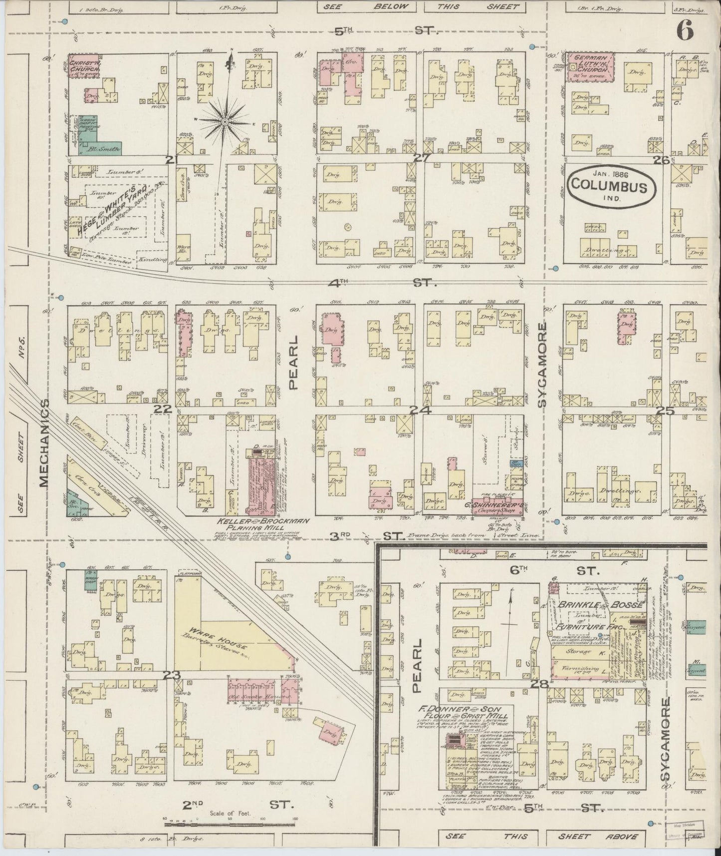 Sanborn Fire Insurance Map from Columbus, Bartholomew County, Indiana (1886), Sheet #0006 - Historic Sanborn Fire Insurance Map Print, vintage old map wall art, antique decor, genealogy gift, Indiana Indiana map