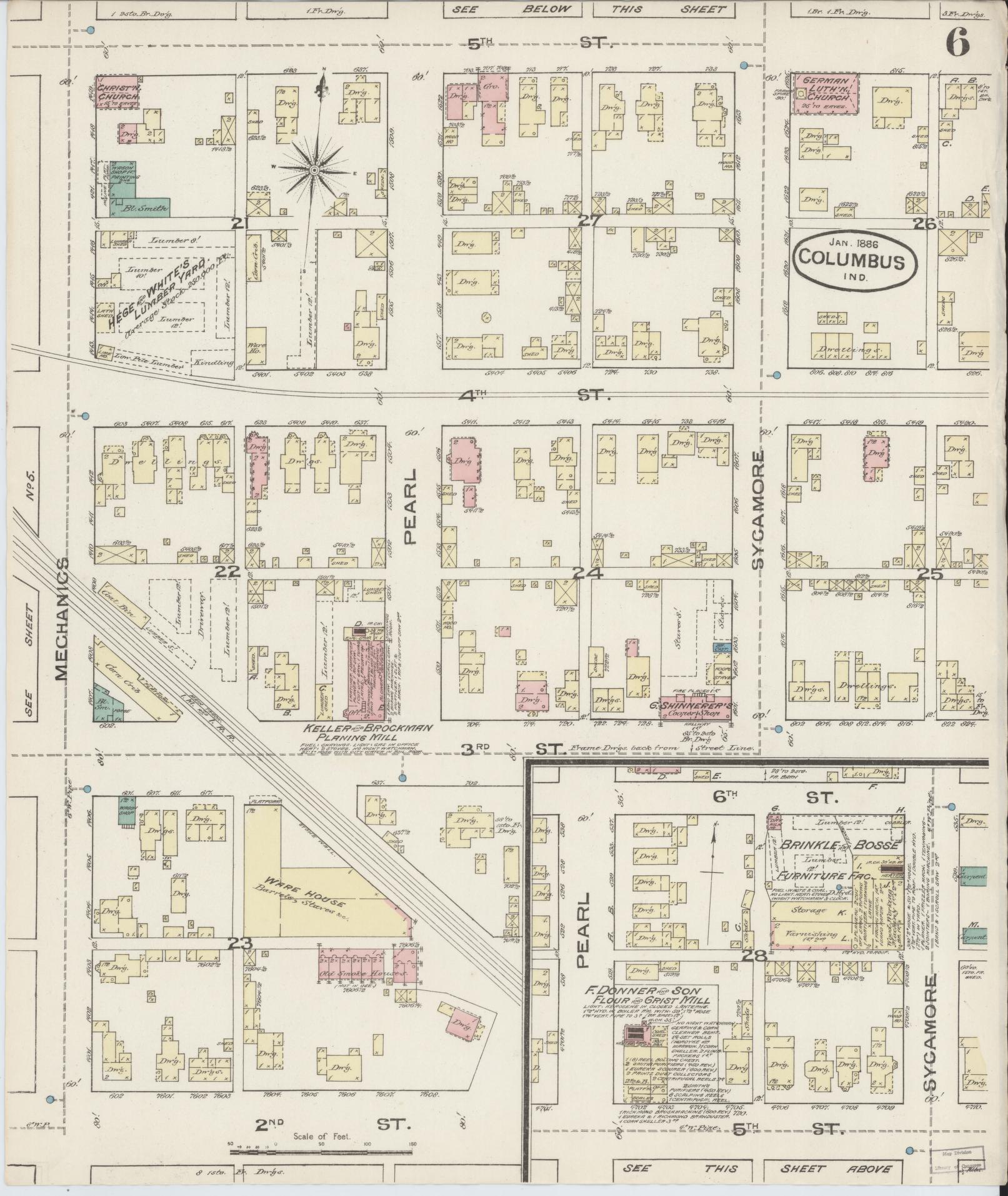 Sanborn Fire Insurance Map from Columbus, Bartholomew County, Indiana (1886), Sheet #0006 - Historic Sanborn Fire Insurance Map Print, vintage old map wall art, antique decor, genealogy gift, Indiana Indiana map
