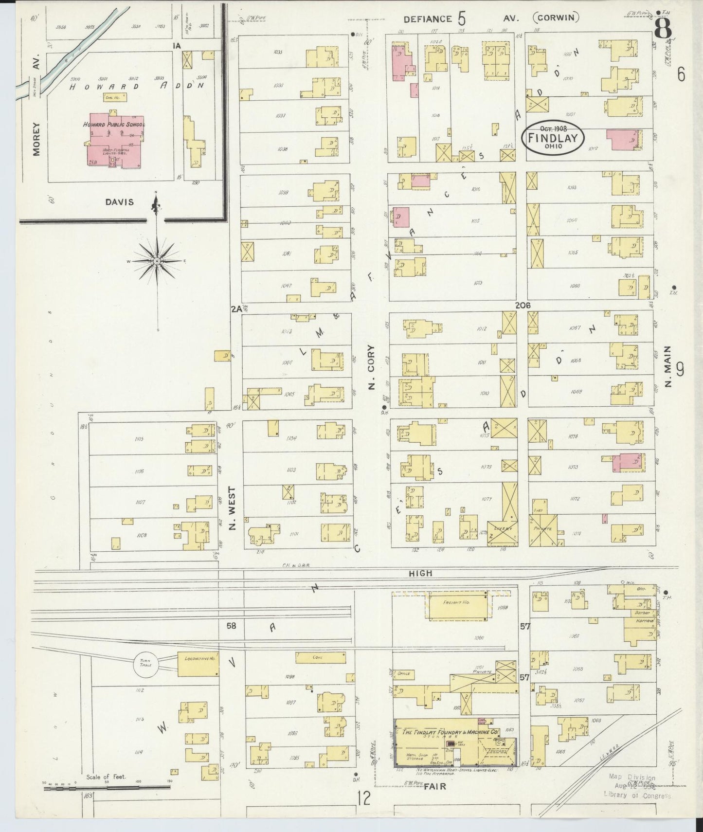 Sanborn Fire Insurance Map from Findlay, Hancock County, Ohio (1908), Sheet #0008 - Historic Sanborn Fire Insurance Map Print, vintage old map wall art, antique decor, genealogy gift, Ohio Ohio map