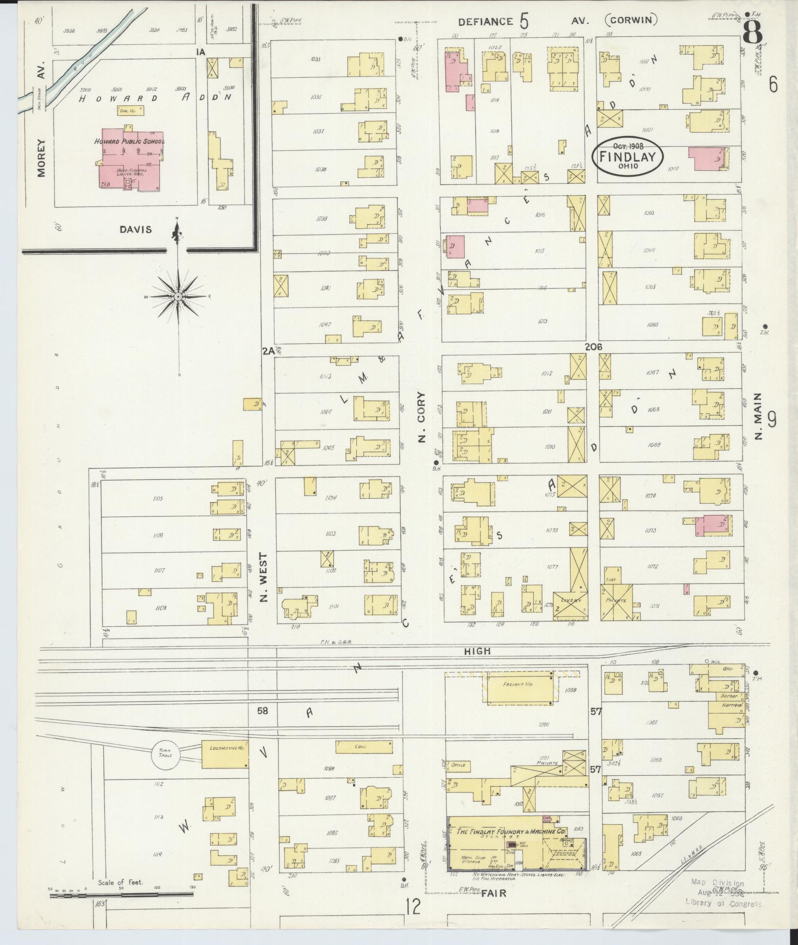 Sanborn Fire Insurance Map from Findlay, Hancock County, Ohio (1908), Sheet #0008 - Historic Sanborn Fire Insurance Map Print, vintage old map wall art, antique decor, genealogy gift, Ohio Ohio map