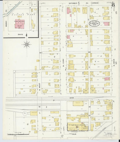 Sanborn Fire Insurance Map from Findlay, Hancock County, Ohio (1908), Sheet #0008 - Historic Sanborn Fire Insurance Map Print, vintage old map wall art, antique decor, genealogy gift, Ohio Ohio map