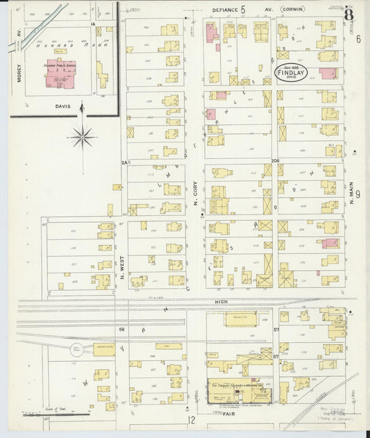 Sanborn Fire Insurance Map from Findlay, Hancock County, Ohio (1908), Sheet #0008 - Historic Sanborn Fire Insurance Map Print, vintage old map wall art, antique decor, genealogy gift, Ohio Ohio map