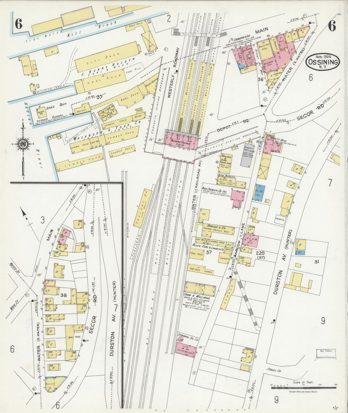 Sanborn Fire Insurance Map from Ossining, Westchester County, New York (1924), Sheet #0006 - Historic Sanborn Fire Insurance Map Print, vintage old map wall art, antique decor, genealogy gift, New York New York map