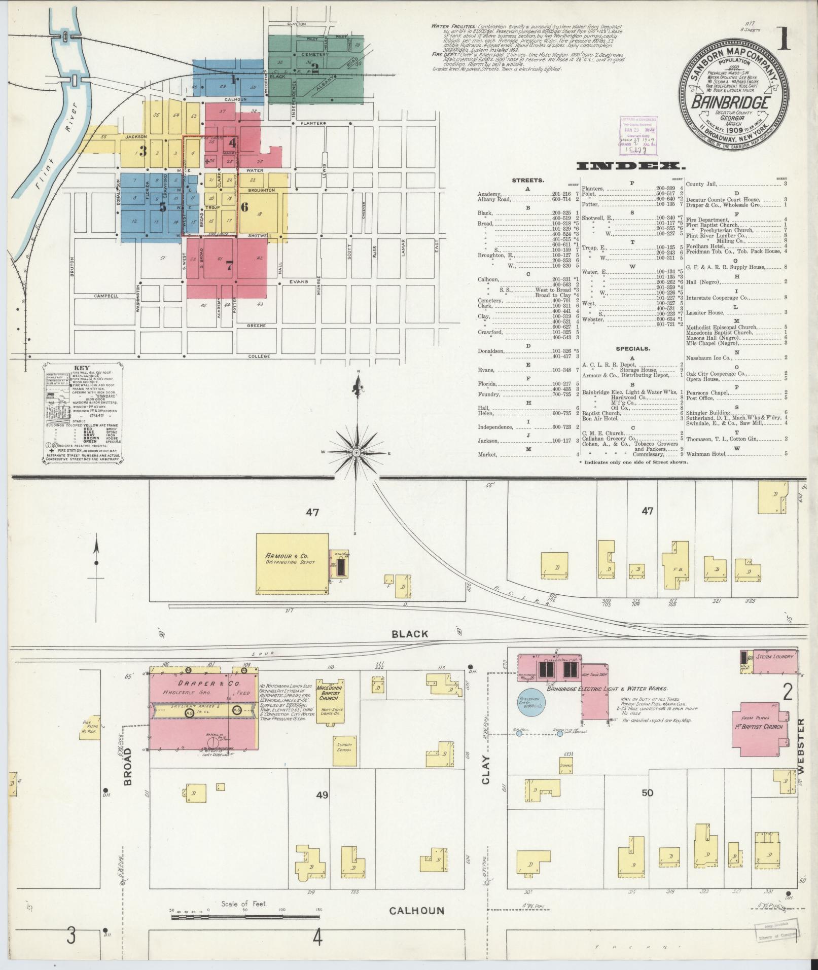 Sanborn Fire Insurance Map from Bainbridge, Decatur County, Georgia (1909), Sheet #0001 - Complete Map Set gallery image, historic Sanborn map, vintage wall art, Georgia Georgia